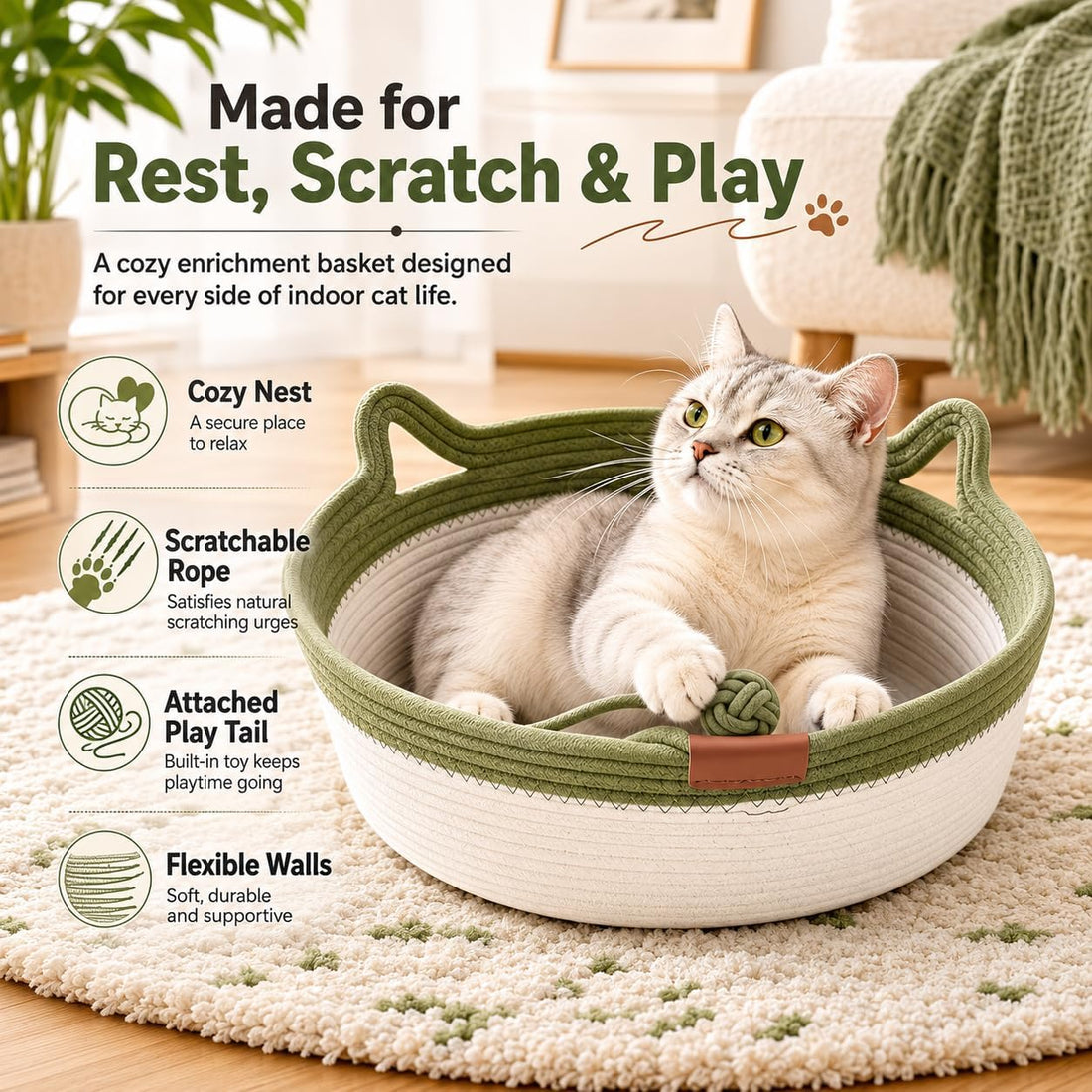 Instinct Basket for Cats - Stimuli Handwoven Cotton Rope Enrichment