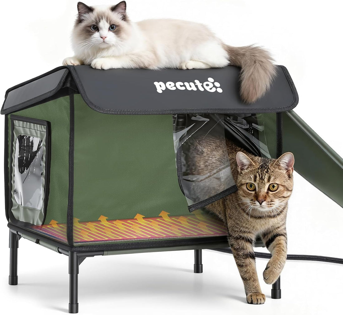 Pecute Heated Outdoor Cat House, Weatherproof Insulated Shelter