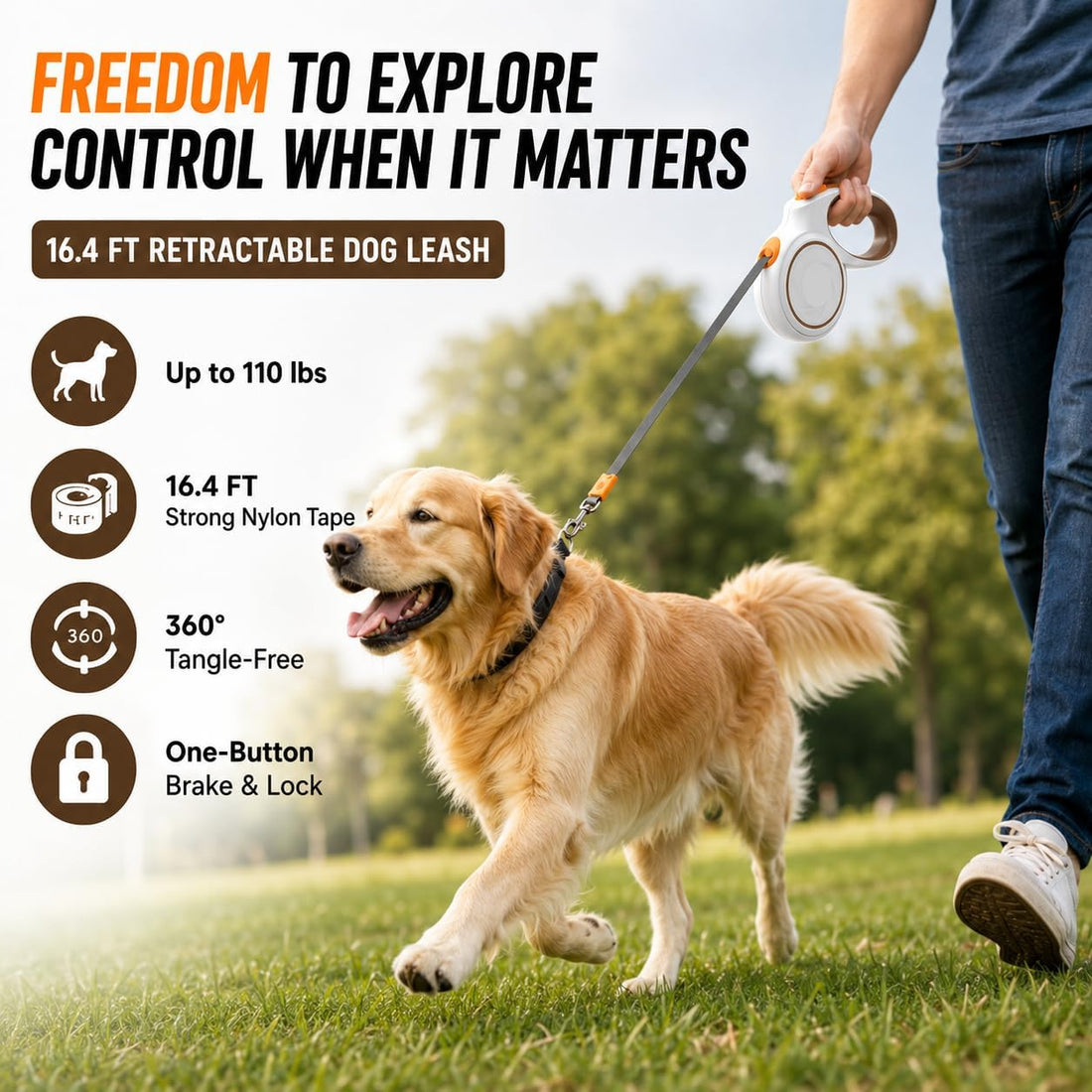 16.4 FT Heavy Duty Retractable Dog Leash for Dogs Up to 110 lbs