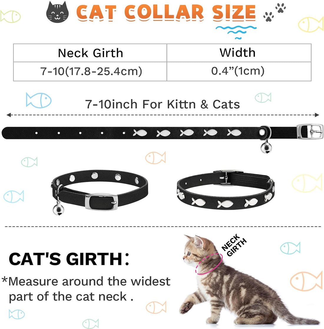 Joansan Leather Cat Collars, Elastic Strap Safety Collars Fish 2-Pack