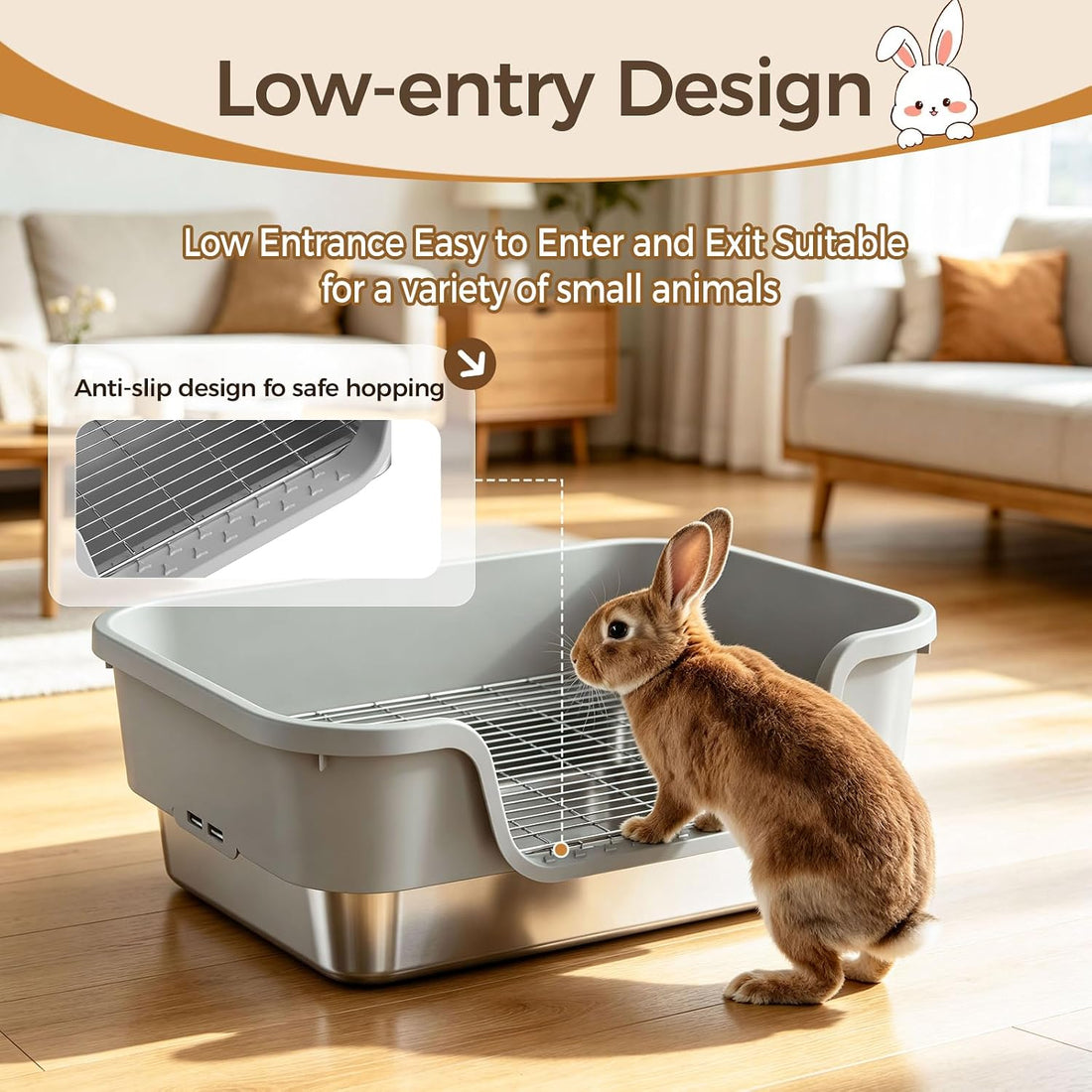 Bunny Litter Box - Stainless Steel Rabbit Litter Box with Hay Feeder