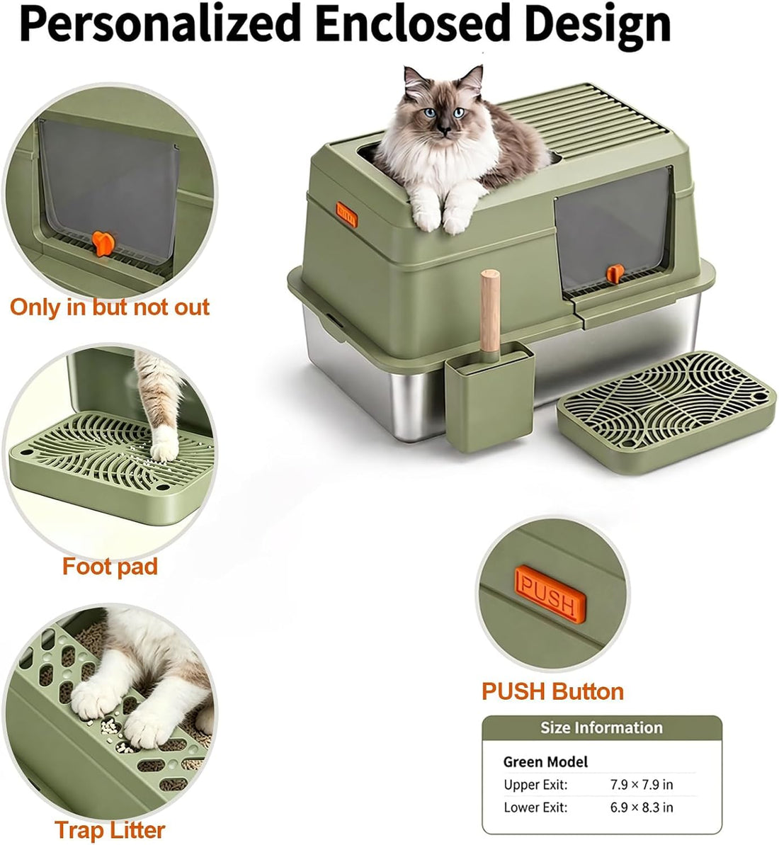 XL Enclosed Stainless Steel Litter Box with Lid Include Pedal Scoop
