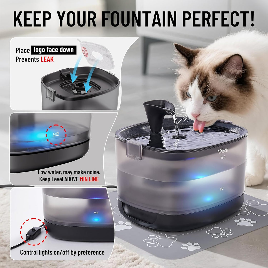 Veken 85oz/2.5L Cat Water Fountain with Detachable Tank, 6 Filters, D1