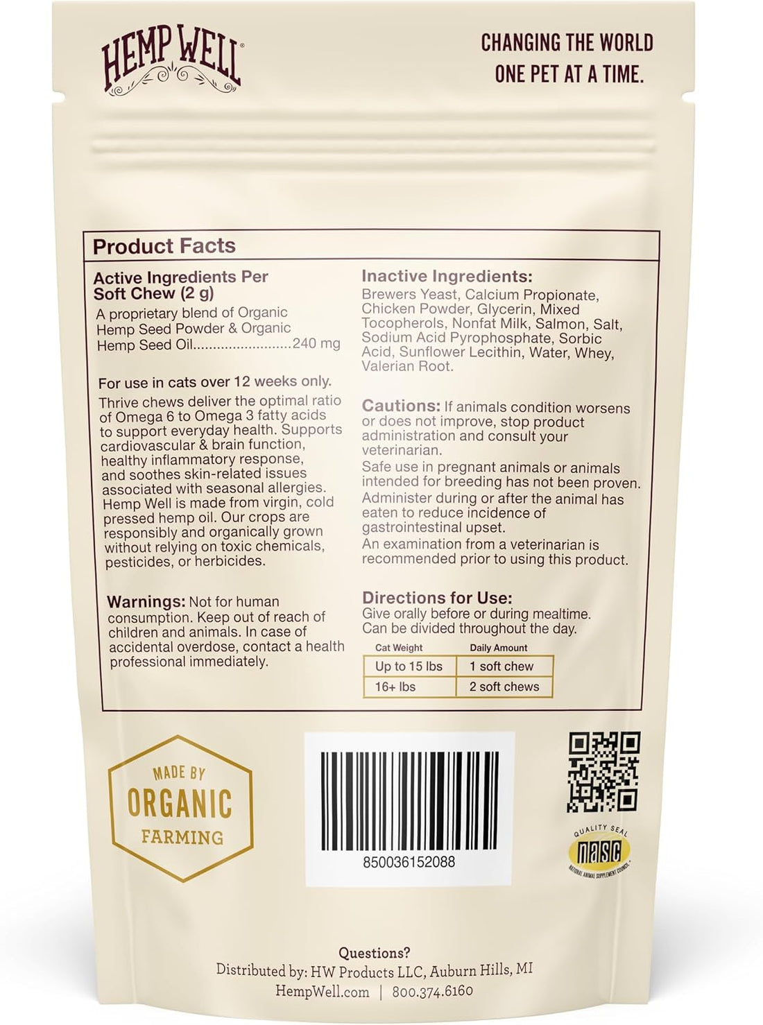 Hemp Well Organic Thrive Cat Soft Chews, Hip & Joint Support, 60-Count
