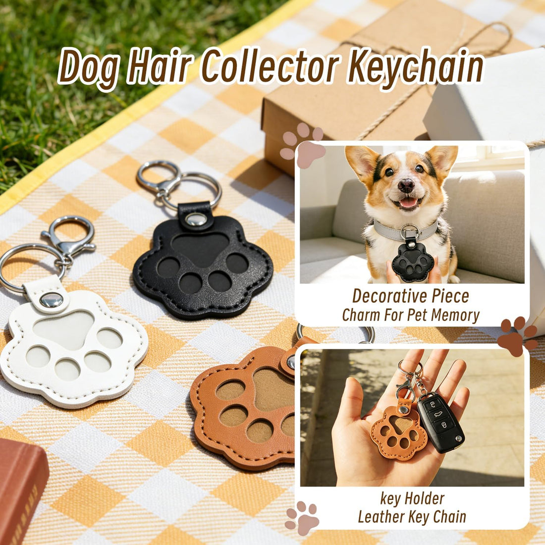 Leather Pet Fur Keepsake Keychain, 3 Pcs Black White Brown