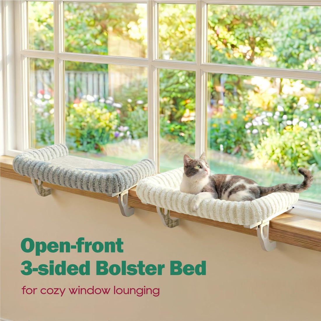Zakkart Mellow 3-Sided Cat Perch for Windowsill, Dual-Mount (Beige, L)