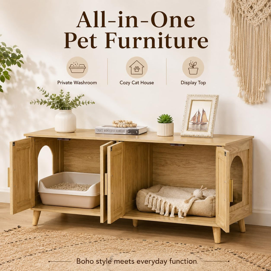 Homhedy Boho Cat Litter Box Enclosure for 2 Cats