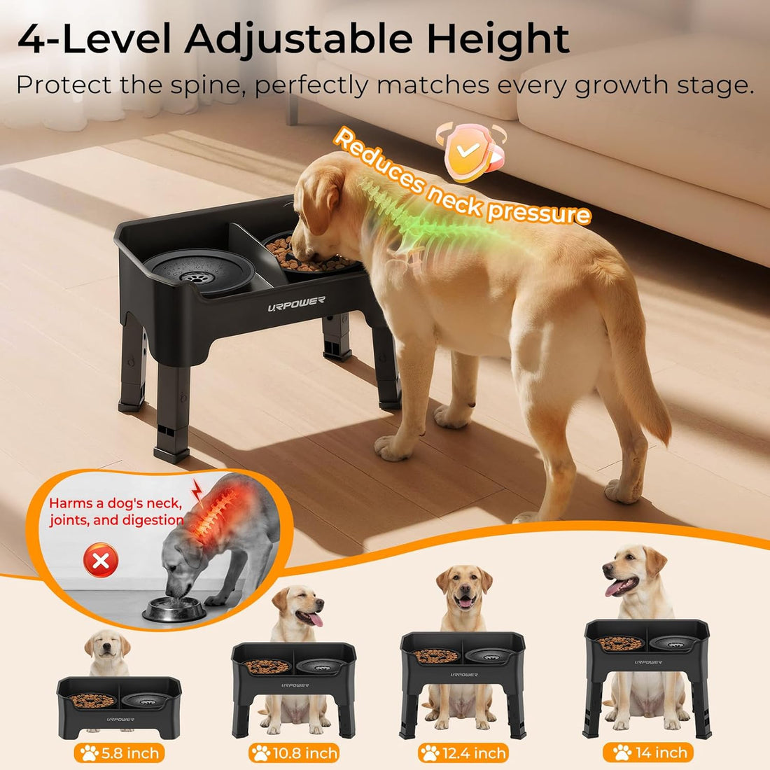 URPOWER Mess Proof Elevated Dog Bowls 4 Height Adjustable Raised