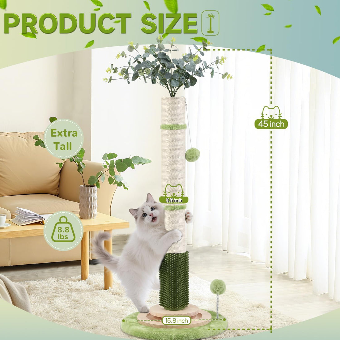 45'' Extra Tall Cat Scratching Post for Large Cats,3.5Inch Natural