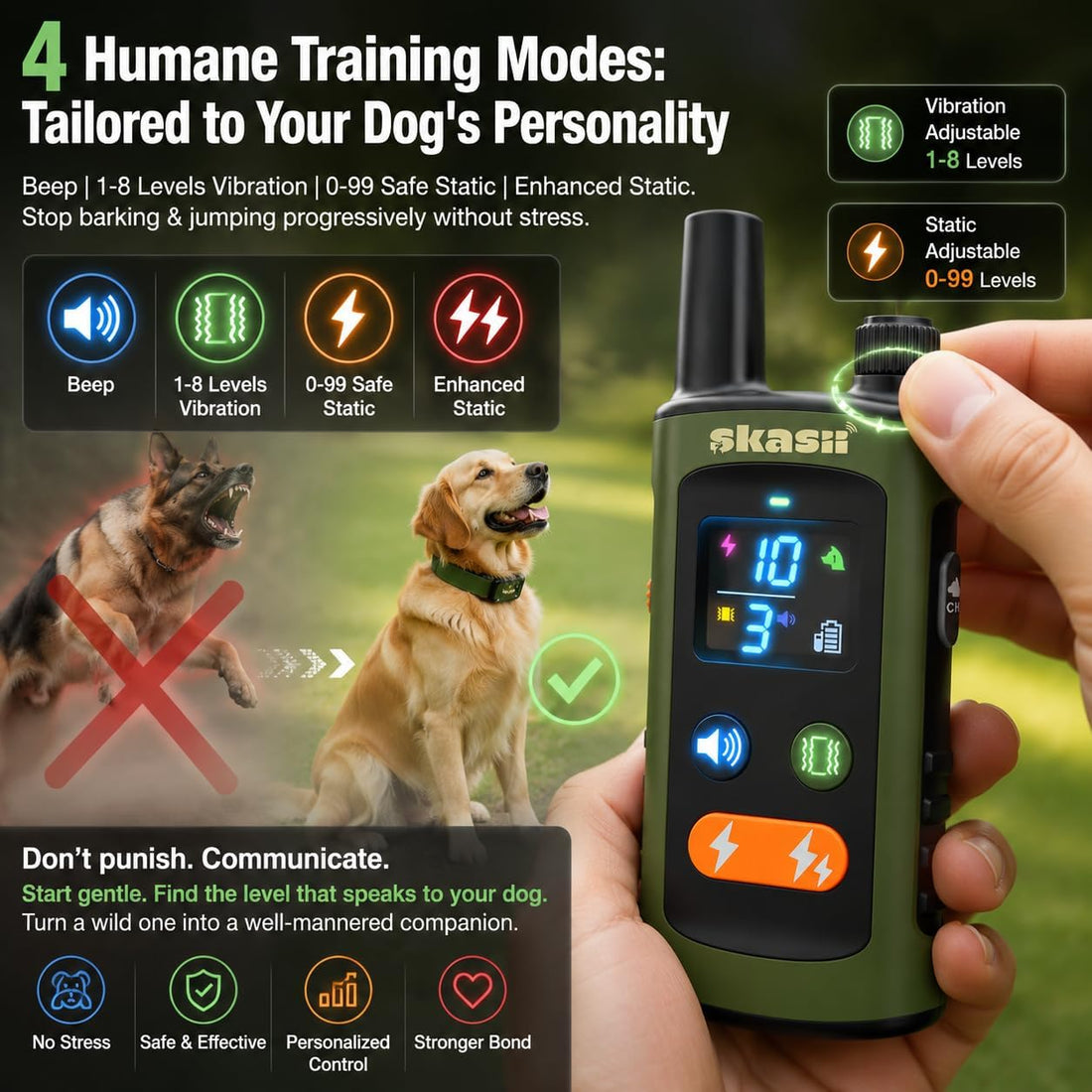 Training Collar for Dogs with Remote Control, Green