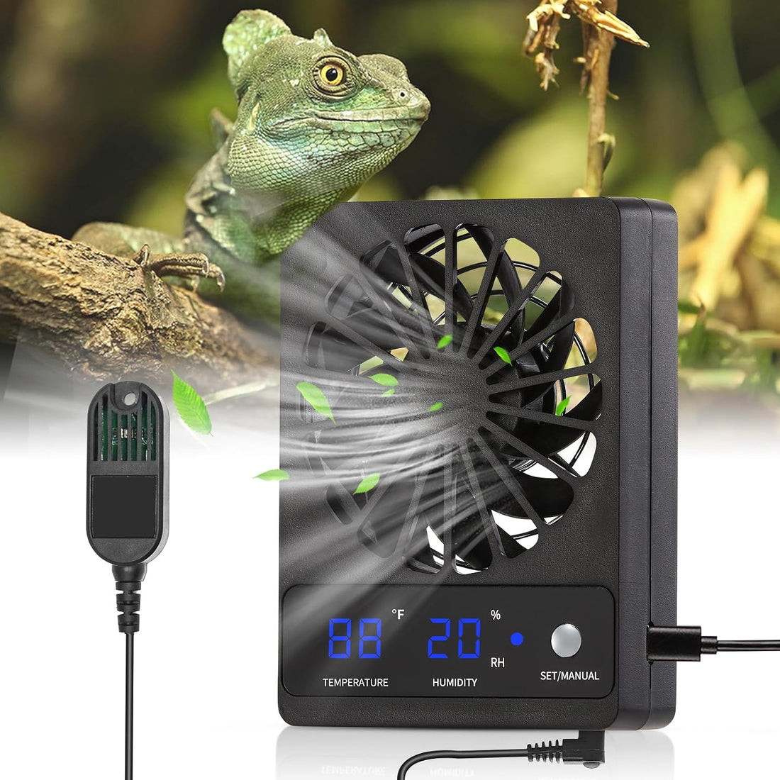 Reptile Tank Fan with Thermometer & Hygrometer | LED Display