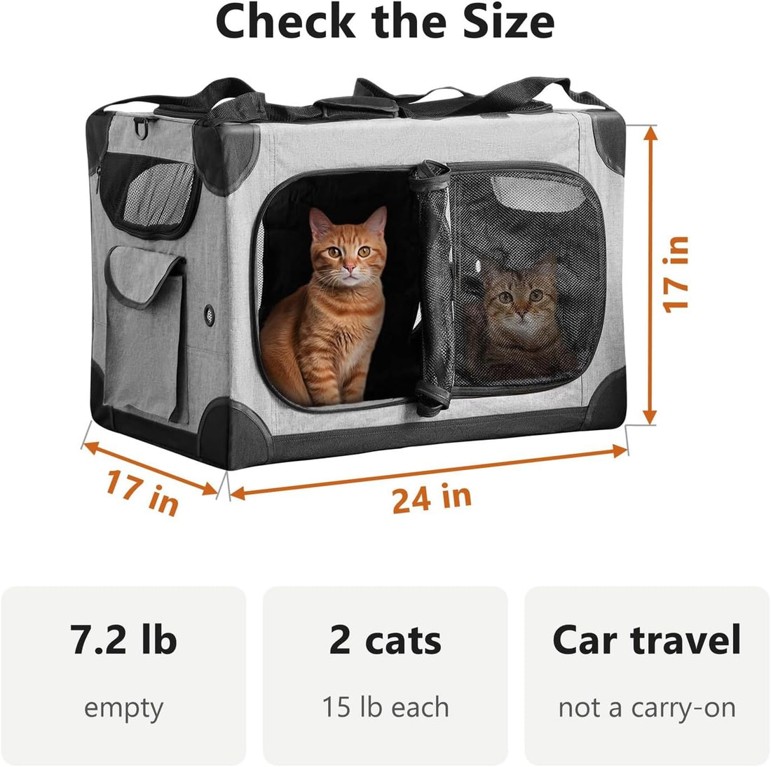 Large Cat Carrier for 2 Cats, 24x17x17 in, Metal Frame