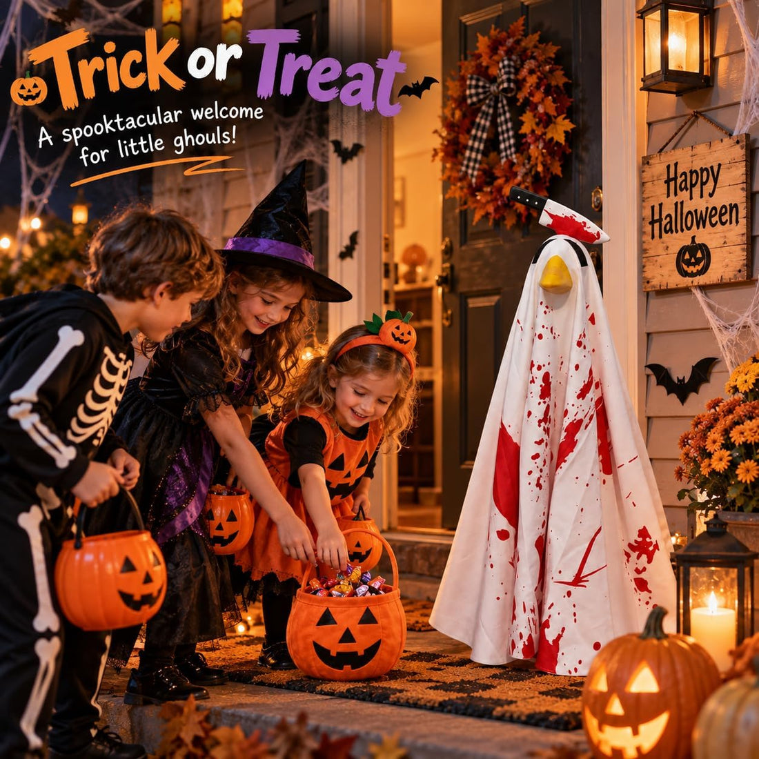Halloween Porch Goose Outfit Bloody Ghost Pumpkin for Outdoor Lawn