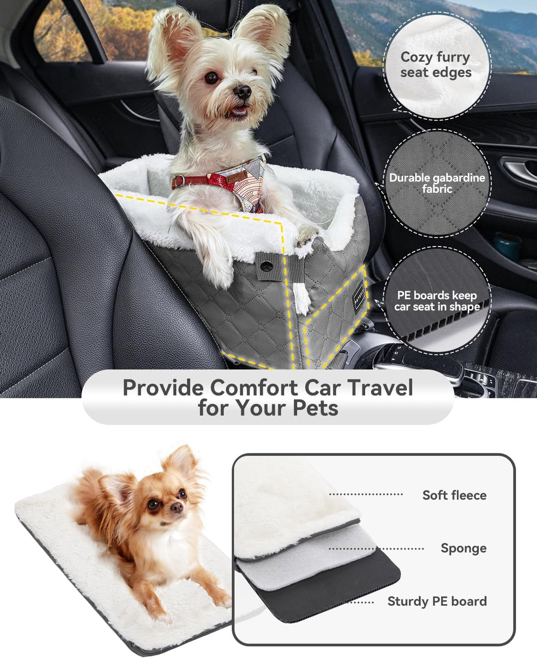 PETSFIT Center Console Dog Car Seat with Adjustable Seat-Rail Anchor