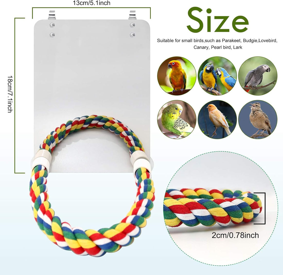 BWOGUE 7 Inch Bird Mirror with Rope Perch Cockatiel Mirror for Cage