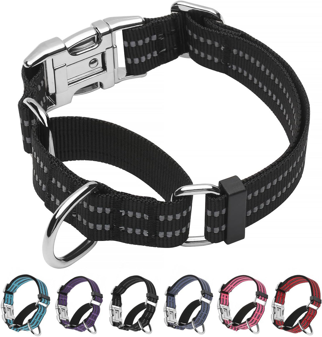 Martingale Dog Collar with Metal Buckle,Reflective,Black,L