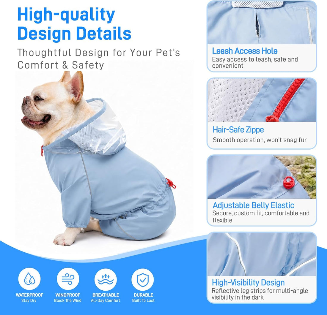 Dog Raincoat - Rain Jacket with Clear Hood and Broad Chest Fit