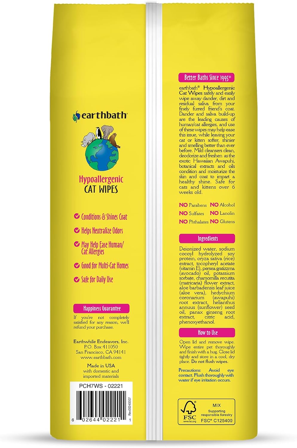 earthbath Hypoallergenic Grooming Cat Wipes, 100 Count (1 Pack)