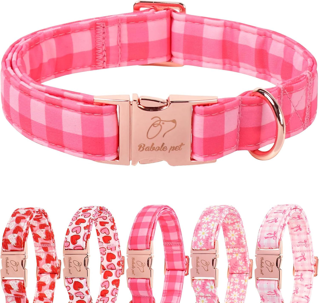 Pink Checkerboard Dog Collar, Classic Girly Plaid Dog Collars