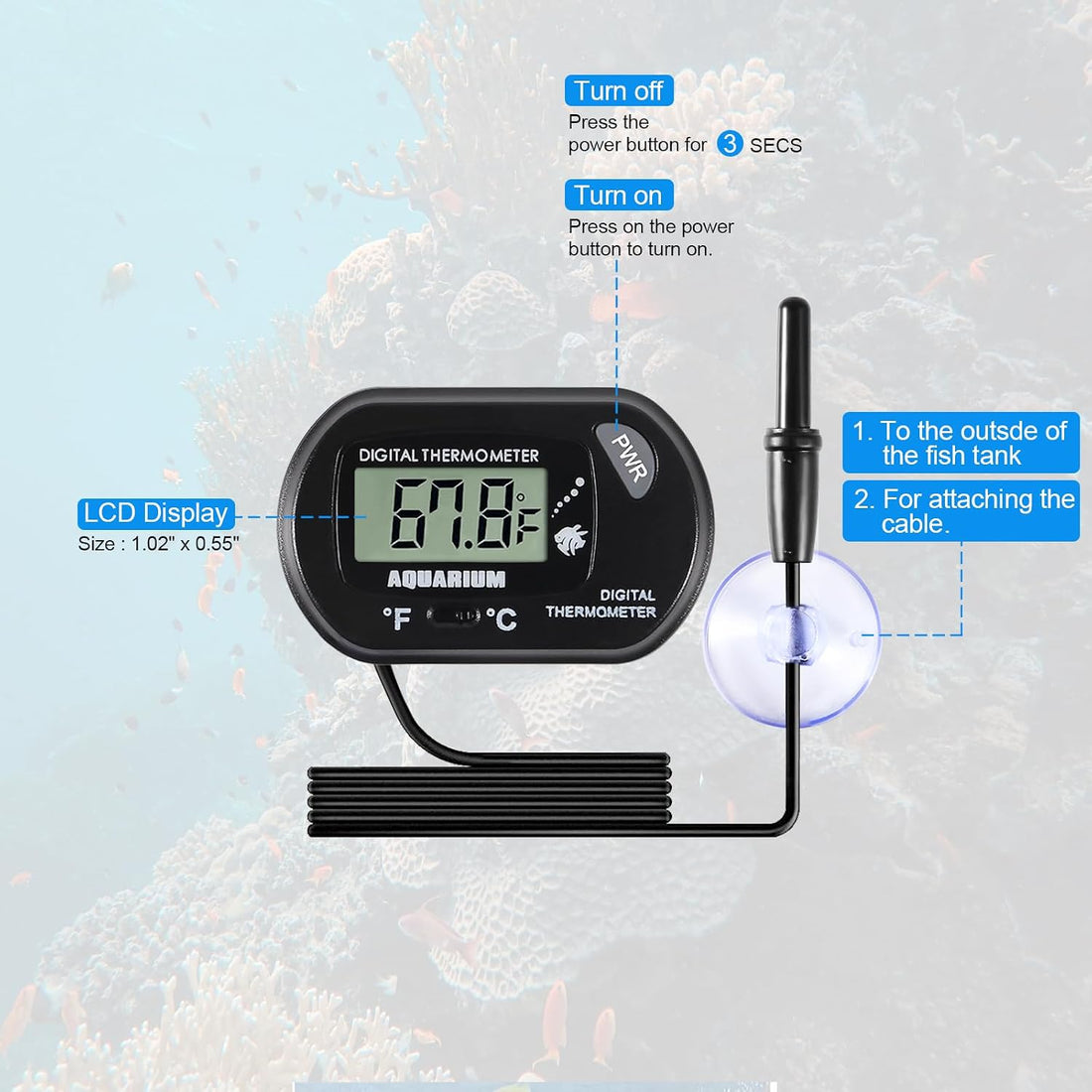 2pcs Aquarium Thermometer LCD Digital Fish Tank Thermometer