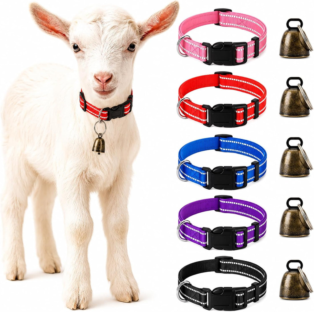 5 Pack Reflective Goat Collars with Bells,Anti-Lost Pet Collar
