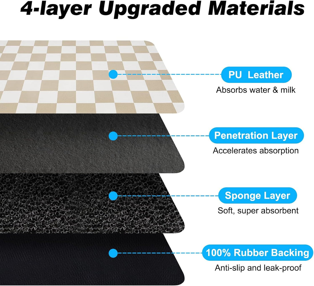 CooRug Checkered Dog Food Mat, Absorbent Leak-Proof Pet Feeding Mat