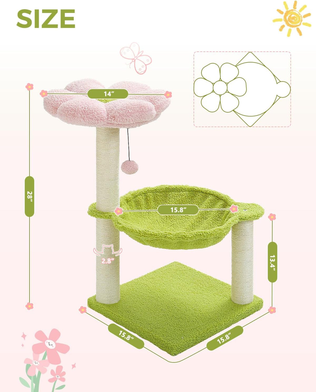 MUTTROS 28" Flower Cat Tree with Hammock & Sisal Post for Kittens