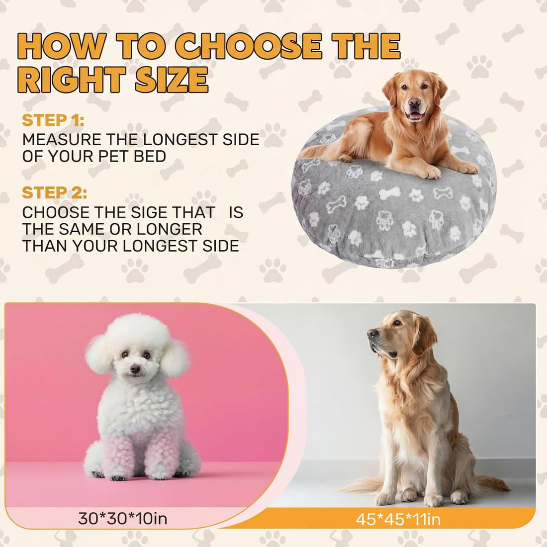 Oudain Washable Round Dog Bed Cover 30 x 30 x 10 Gray Paw Bone Prints