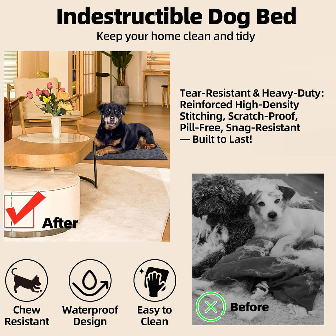 Chew Proof Dog Crate Pad, Indestructible Kennel Mat for Aggressive
