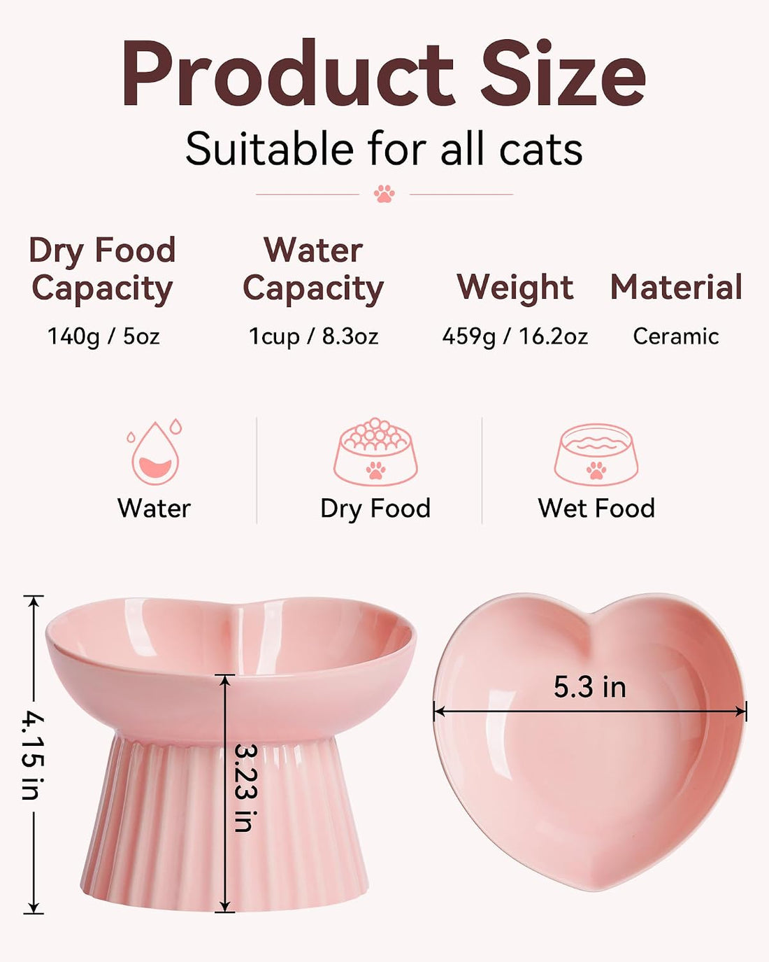 Elevated Cat Food Bowl, Ceramic Titled Whisker Friendly, 5.3in Wide
