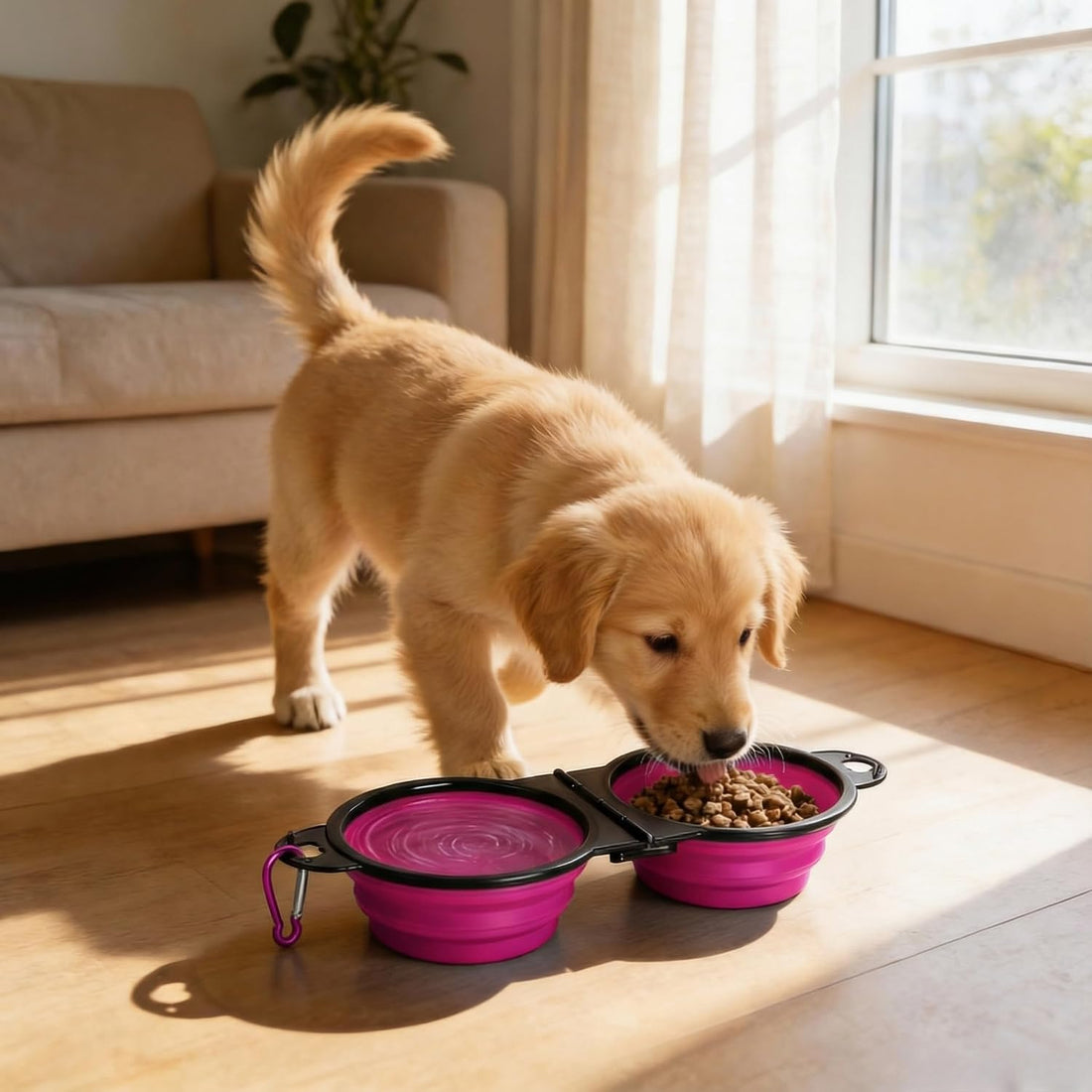 Double Collapsible Dog Bowls for Travel, Food and Water Set with Clip