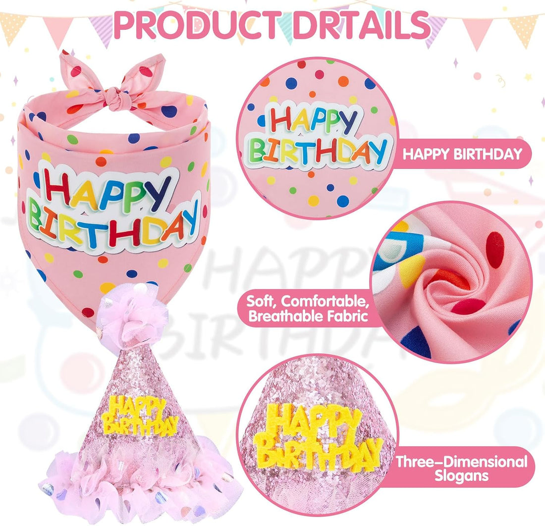 SCENEREAL Dog Birthday Bandana with Hat and Dress Girl Set