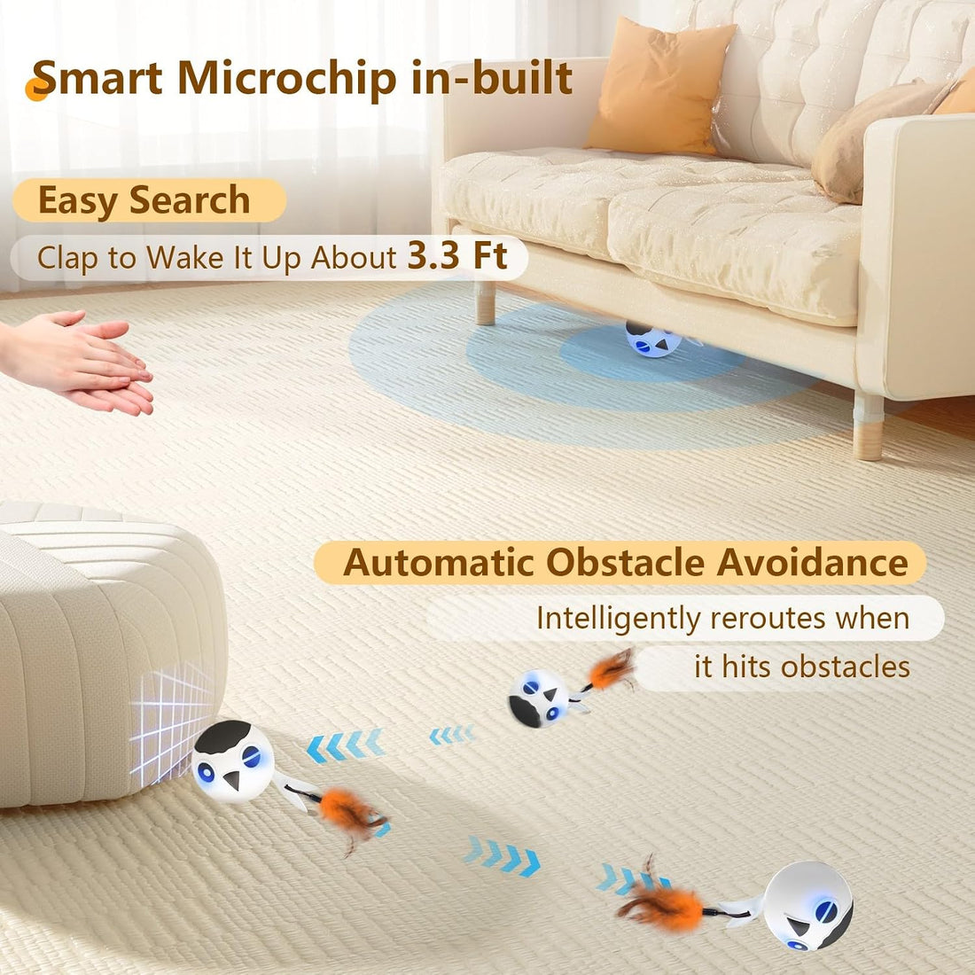 Cat Toys Ball, Smart Motion Sensor Moving Ball with 4 Sounds& 3 Speed