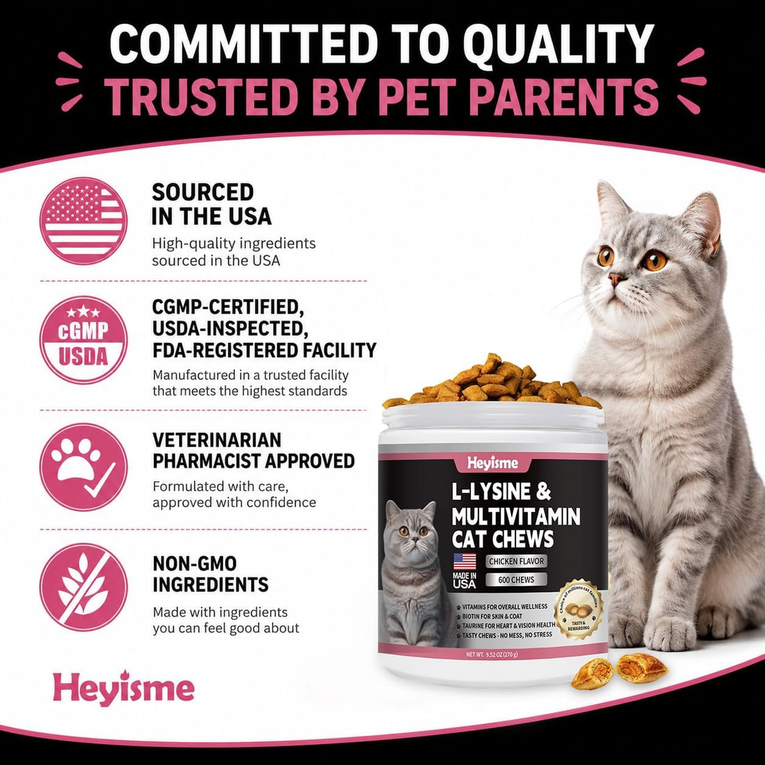 L-Lysine for Cats, 600 Chews Cat Immune Support, Cat Multivitamin