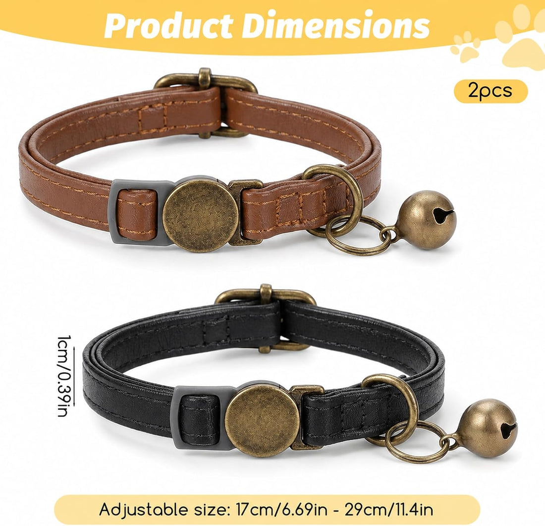 2 Pcs Leather Cat Collar Adjustable Breakaway Dog Collar with Bell
