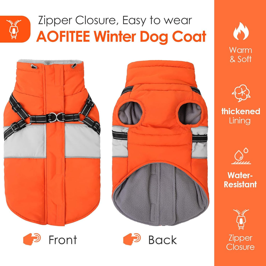 AOFITEE Dog Coat with Harness Waterproof Dog Winter Jacket for Medium