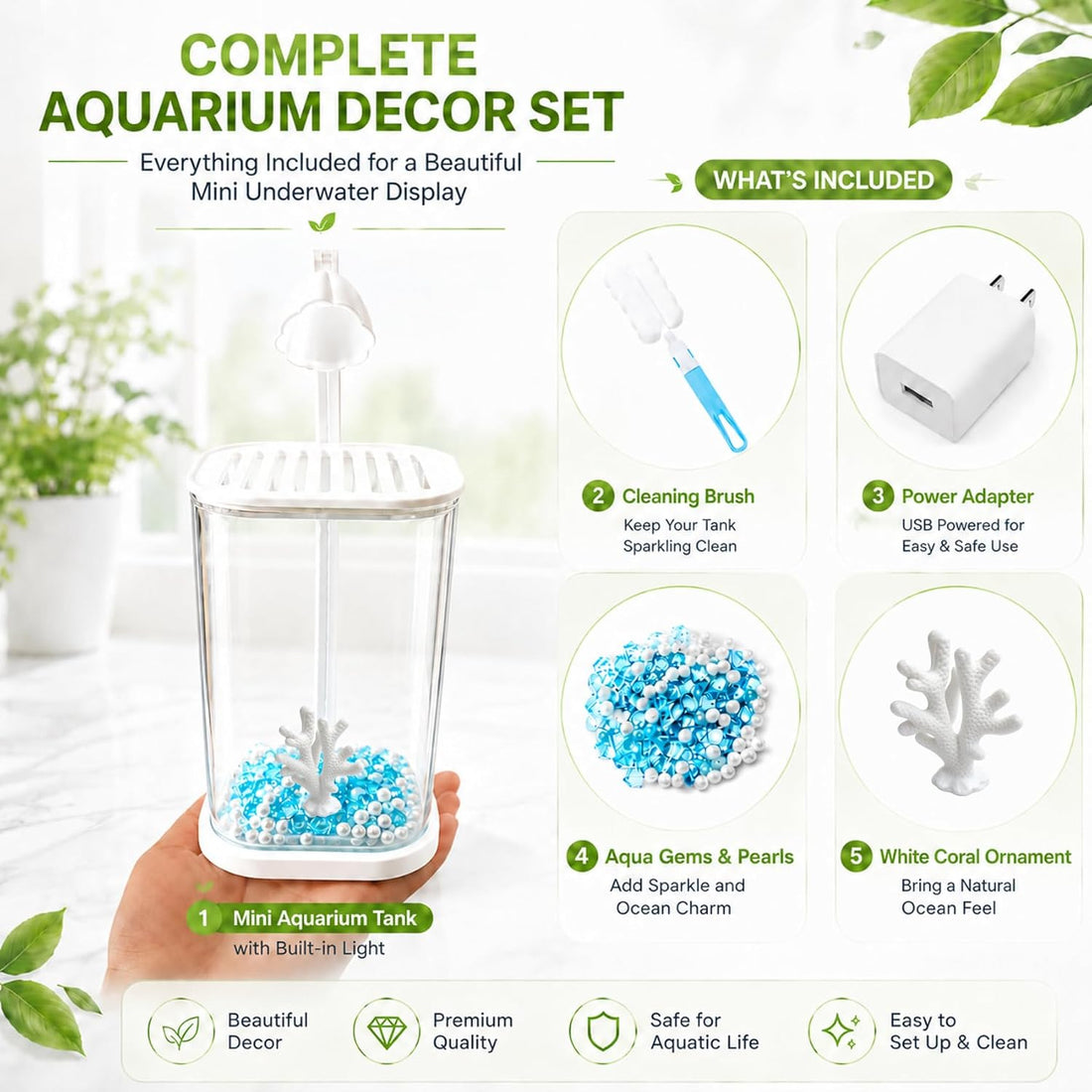 Fish Tank, 0.45 Gallon Aquarium kit with LED Lights, Decorations