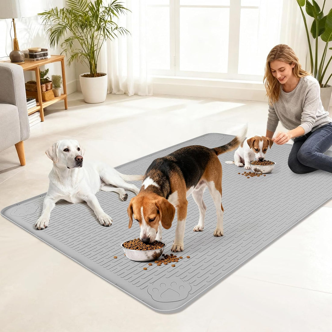 Dog Food Mat 50" x 35" Large Silicone Mat with Raised Edge Gray