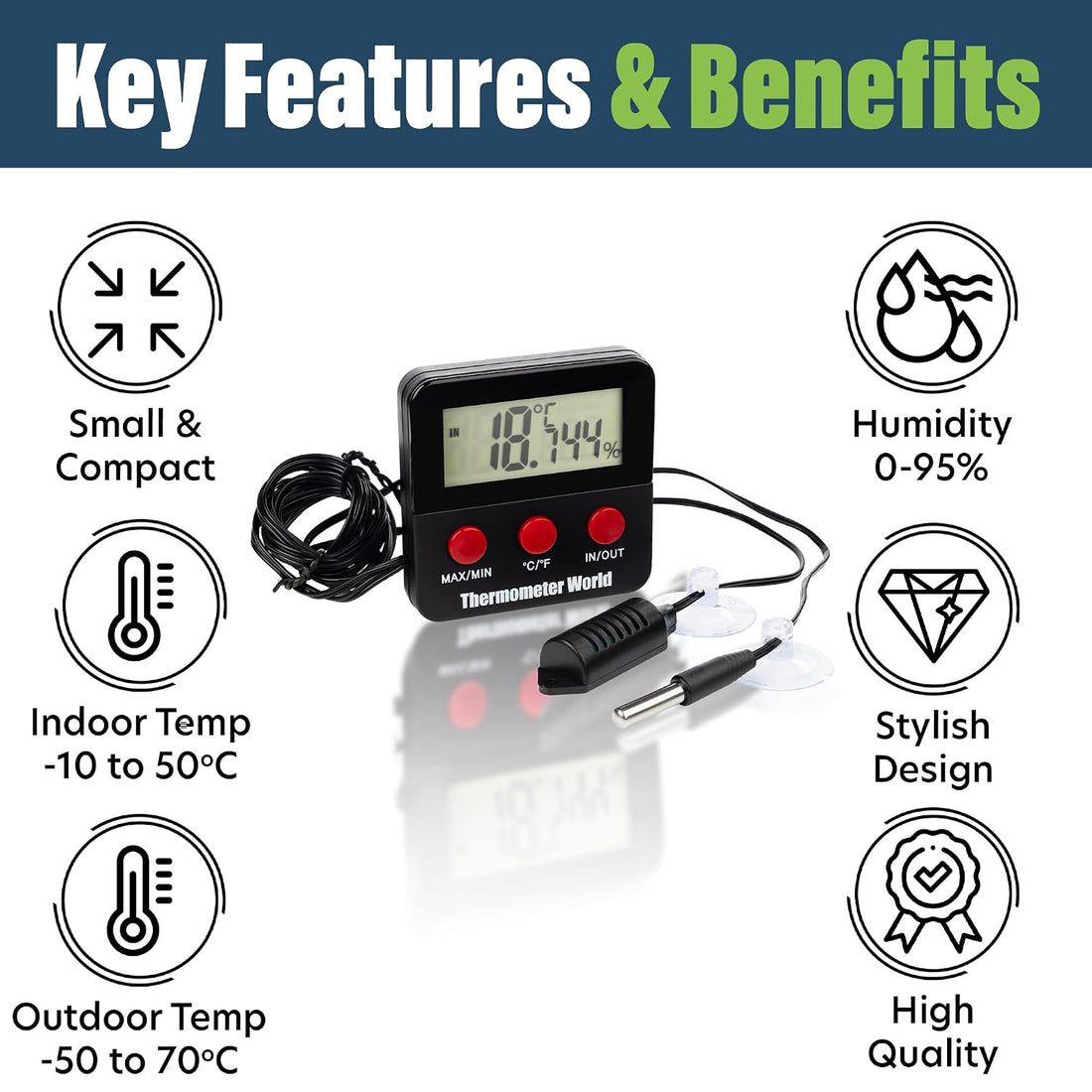 Digital Reptile Thermometer Hygrometer with 2 External Remote Probes