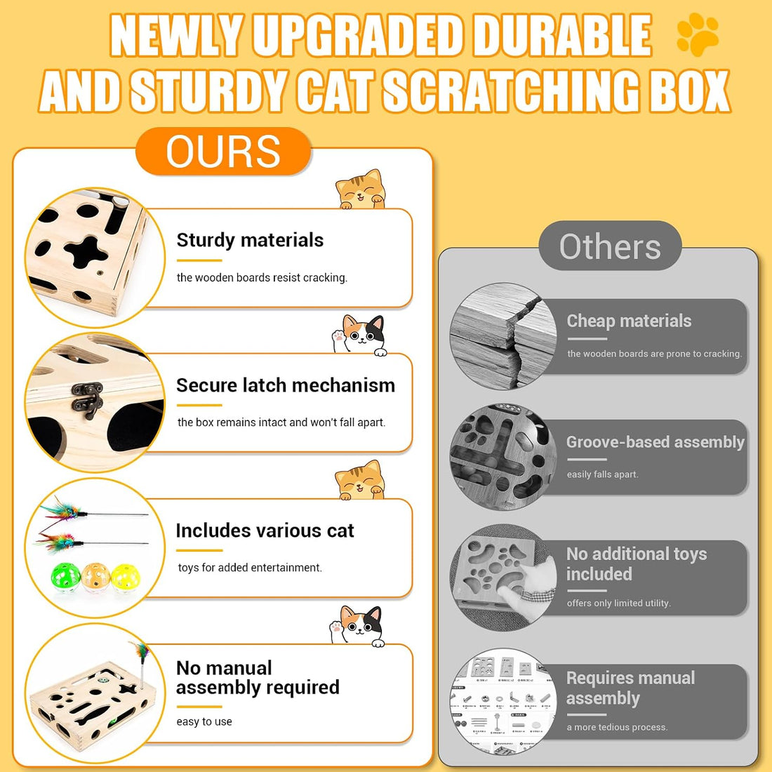Large Cat Nail File Box, Sturdy Wood Cat Scratch Puzzle Enrichment Box
