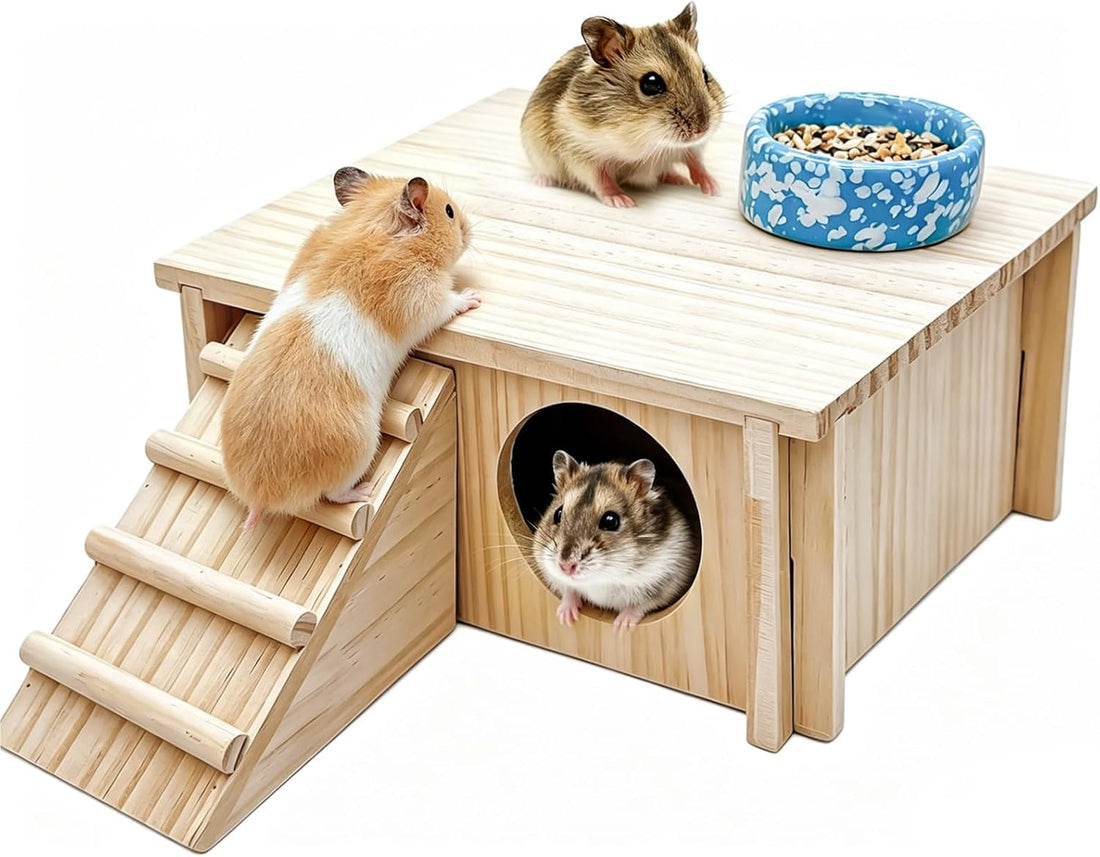 Wooden Hamster Hideout House with Platform, Bowl & Ladder