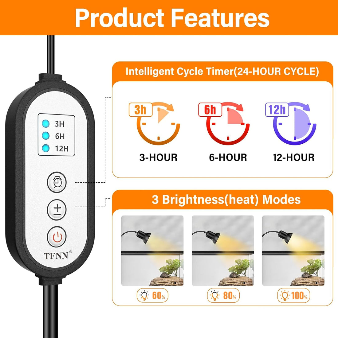 TFNN Reptile Heat Lamp, Heat Lamp with Clamp