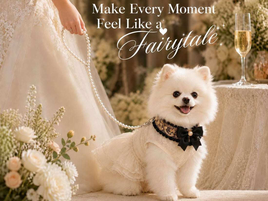 Dog Wedding Collar & Pearl Leash Set for Small Dogs, Black Gold