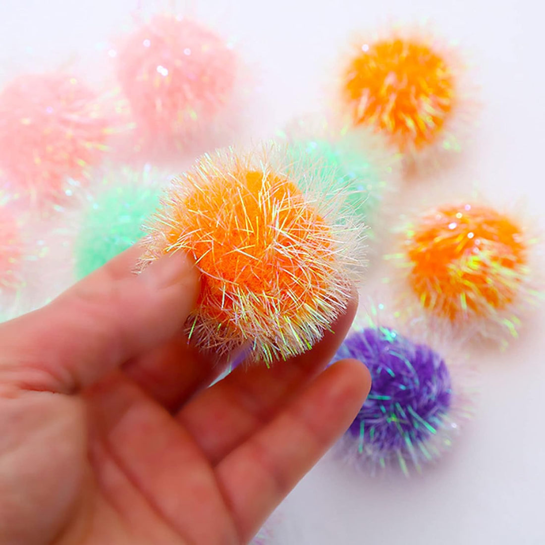 Cat Pom Pom Sparkle Fuzzy Balls 2 Inches Interactive Cat Toy Assorted