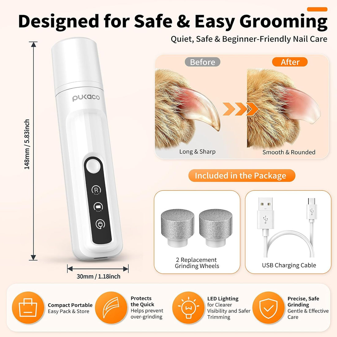 Dog Nail Grinder Quiet with LED Light Electric Cat Nail Trimmer