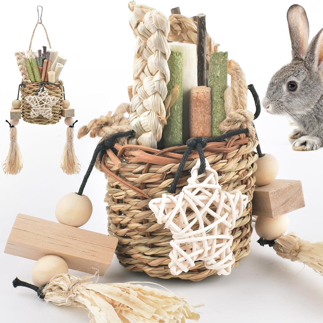 Bissap Bunny Chew Toys, Natural Seagrass Hanging Basket Chews Water