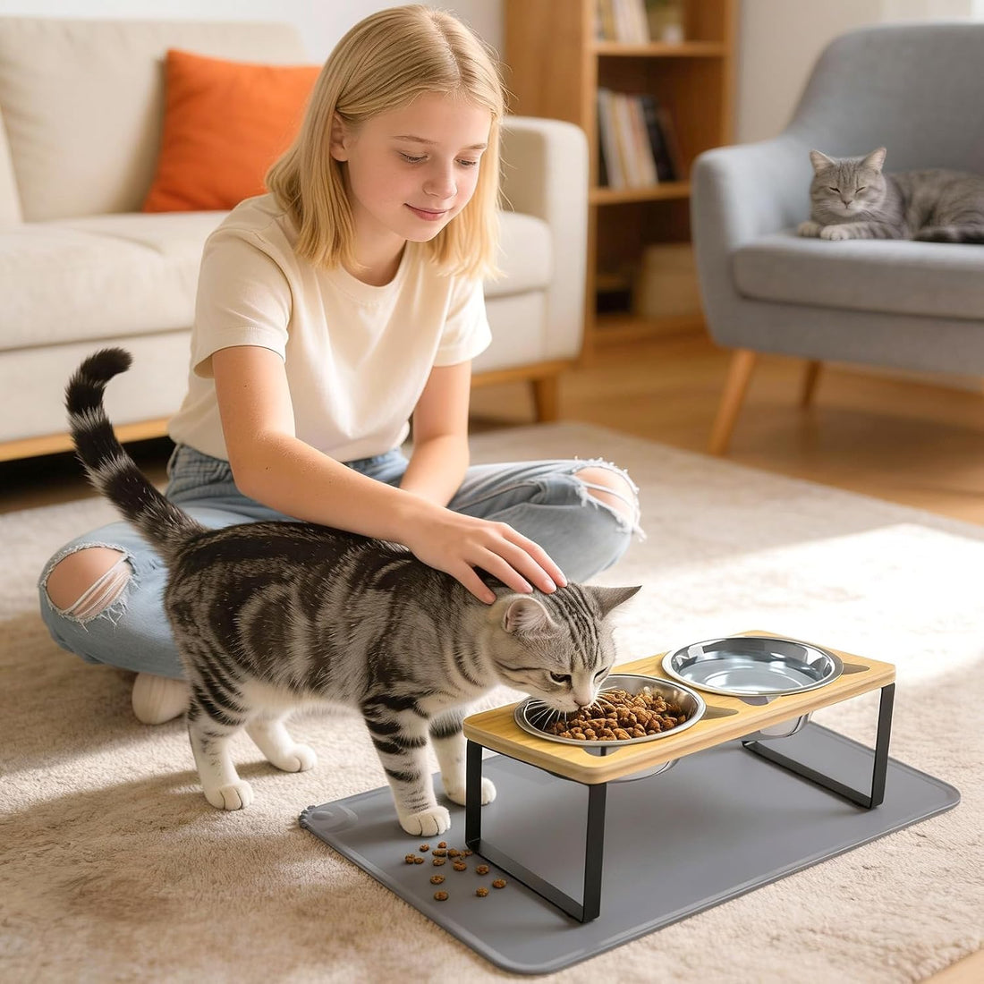 Elevated Cat Food Bowls with Mat