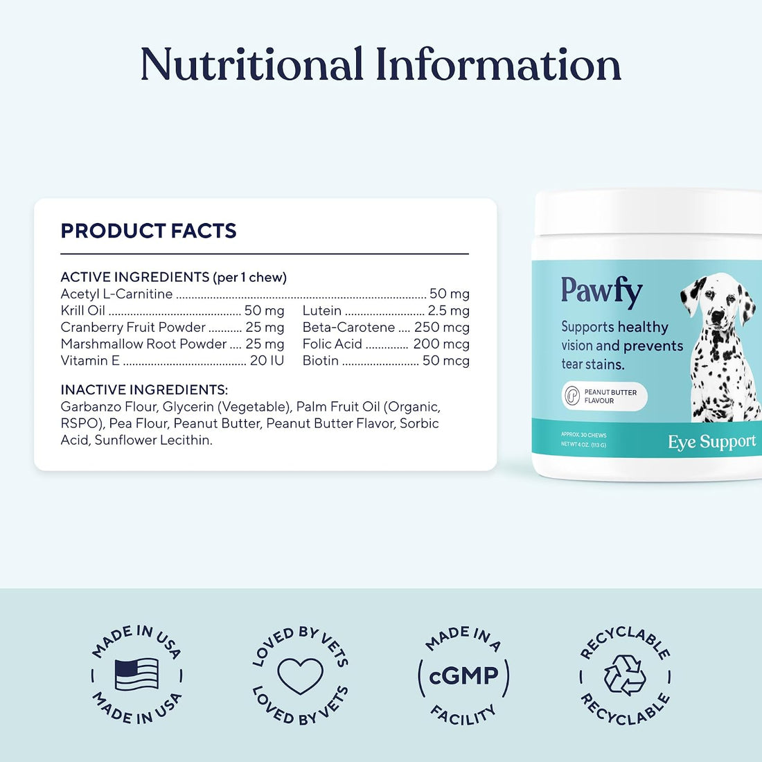 Pawfy Dog Eye Chews with Lutein & Cranberry - Vision & Tear Support