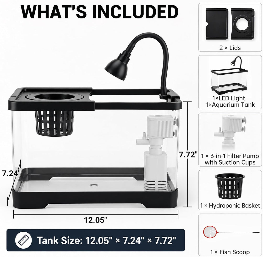 AS Fish Tank Aquarium with LED & 3-in-1 Pump for Betta, 3 Gal