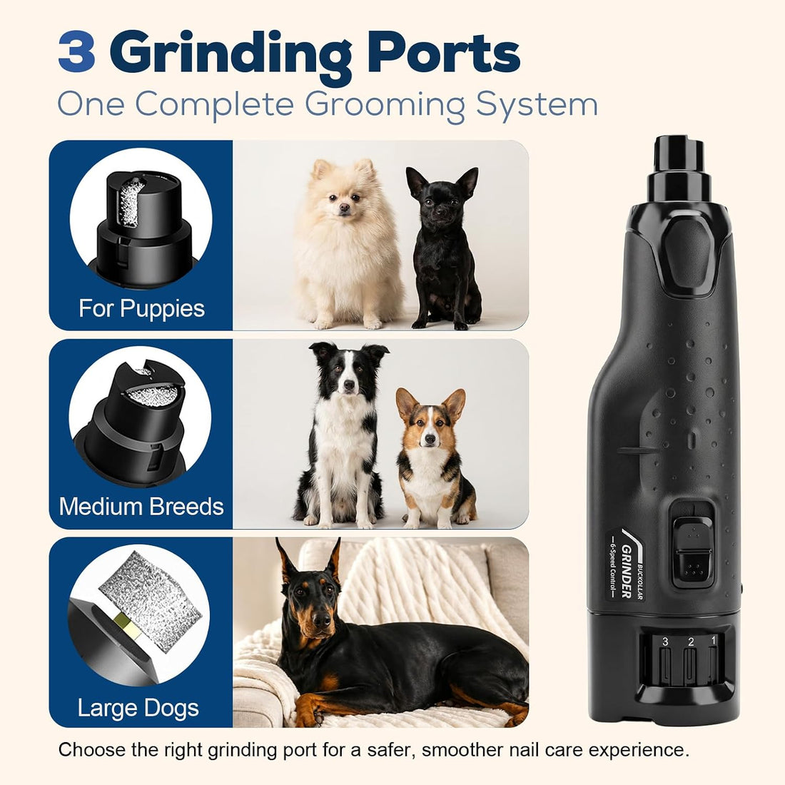 Dog Nail Grinder for Large Dogs, Quiet 6-Speed with LED Light